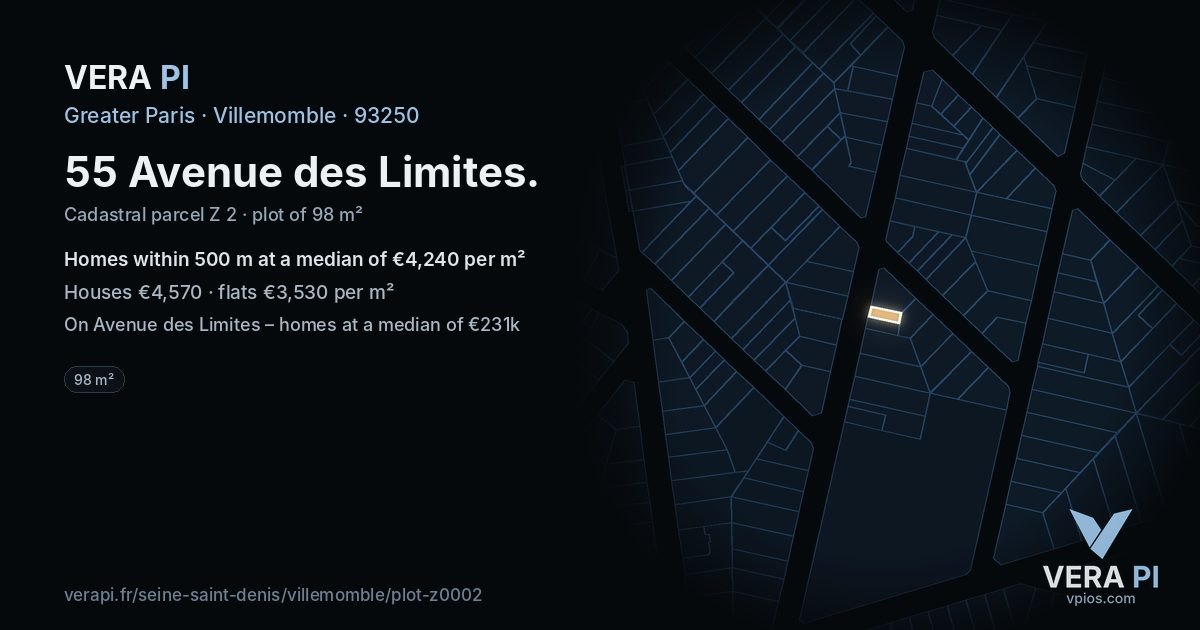 55 Avenue des Limites, Villemomble at night – the plot lit, the parcels around coloured by the prices near them