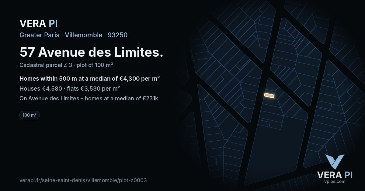 57 Avenue des Limites, Villemomble at night – the plot lit, the parcels around coloured by the prices near them