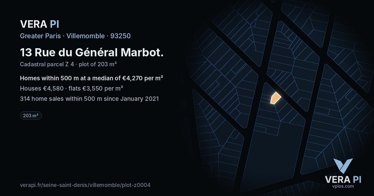 13 Rue du Général Marbot, Villemomble at night – the plot lit, the parcels around coloured by the prices near them