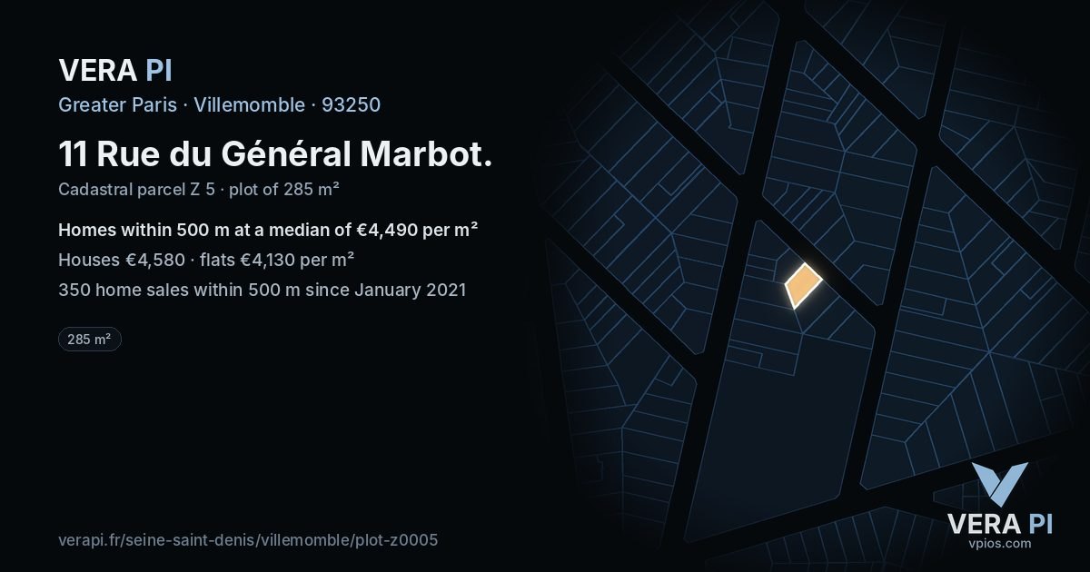 11 Rue du Général Marbot, Villemomble at night – the plot lit, the parcels around coloured by the prices near them