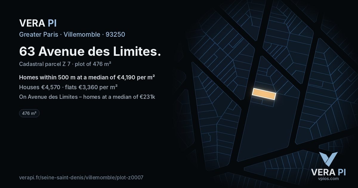 63 Avenue des Limites, Villemomble at night – the plot lit, the parcels around coloured by the prices near them