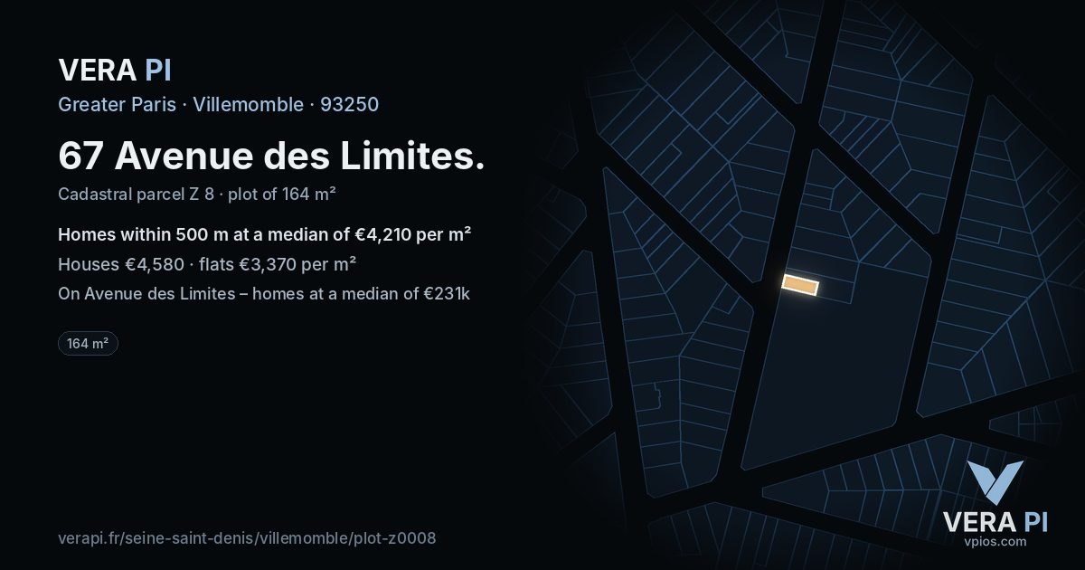 67 Avenue des Limites, Villemomble at night – the plot lit, the parcels around coloured by the prices near them