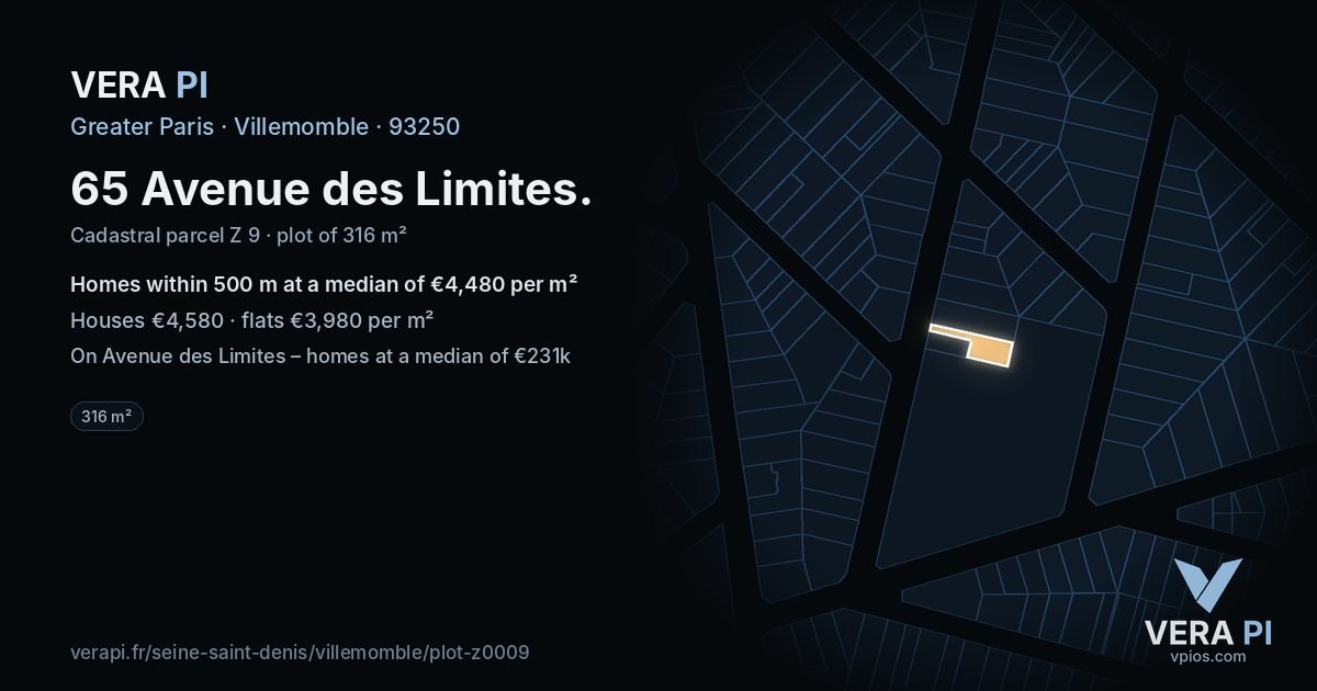 65 Avenue des Limites, Villemomble at night – the plot lit, the parcels around coloured by the prices near them