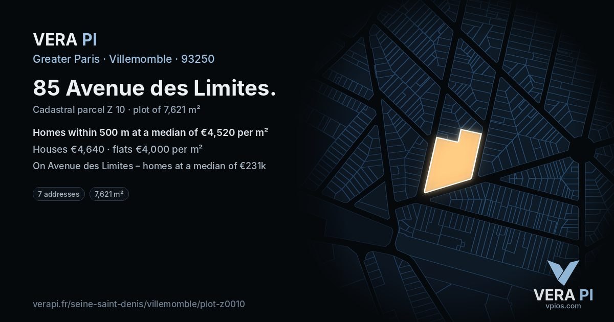 85 Avenue des Limites, Villemomble at night – the plot lit, the parcels around coloured by the prices near them
