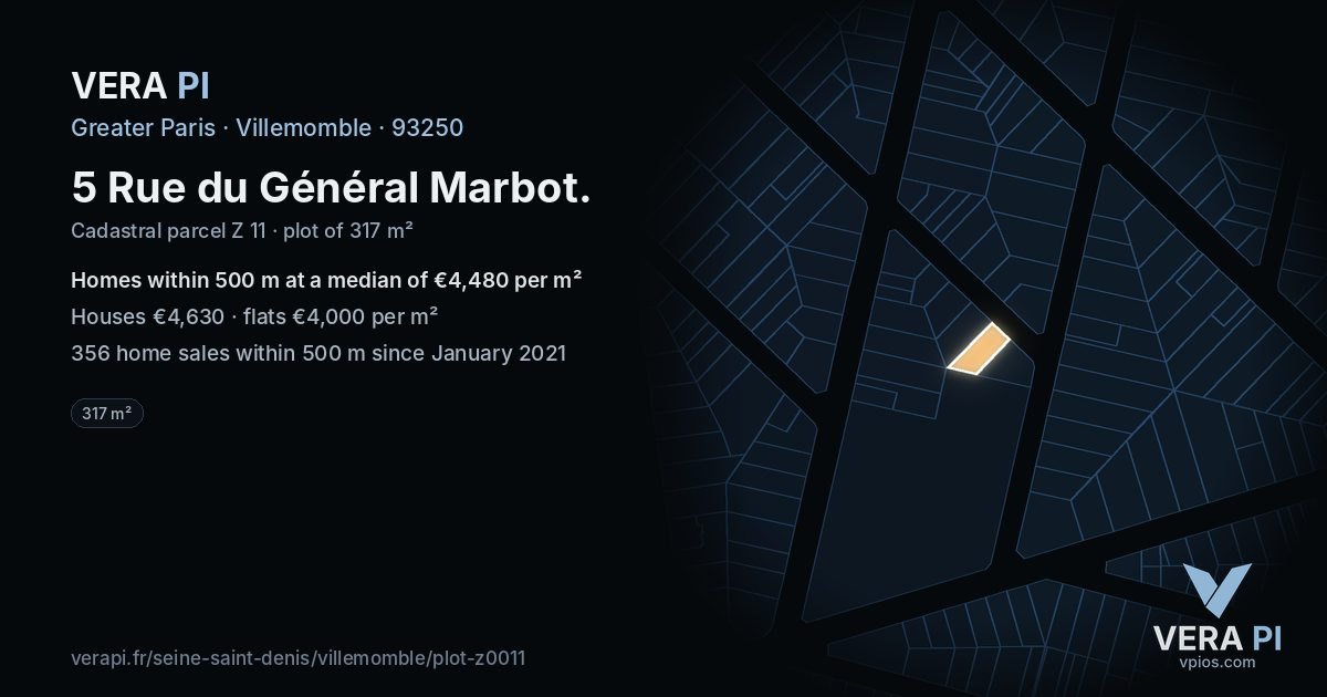 5 Rue du Général Marbot, Villemomble at night – the plot lit, the parcels around coloured by the prices near them