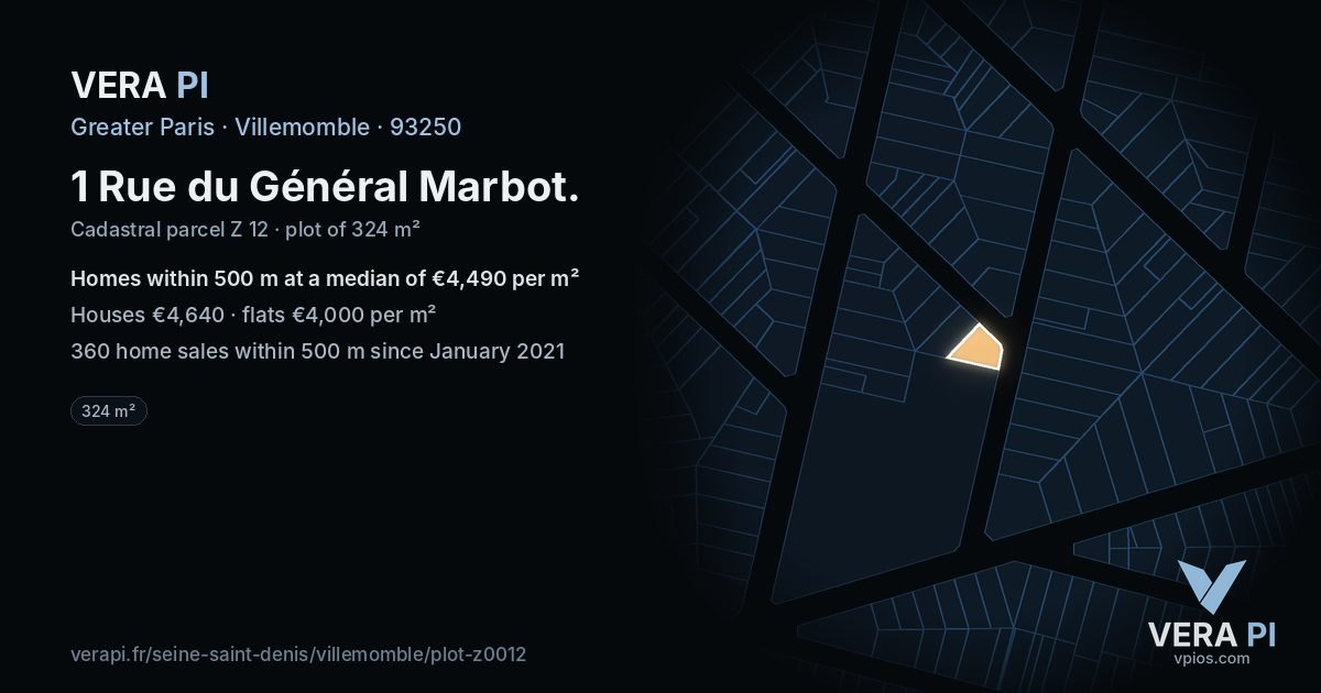 1 Rue du Général Marbot, Villemomble at night – the plot lit, the parcels around coloured by the prices near them