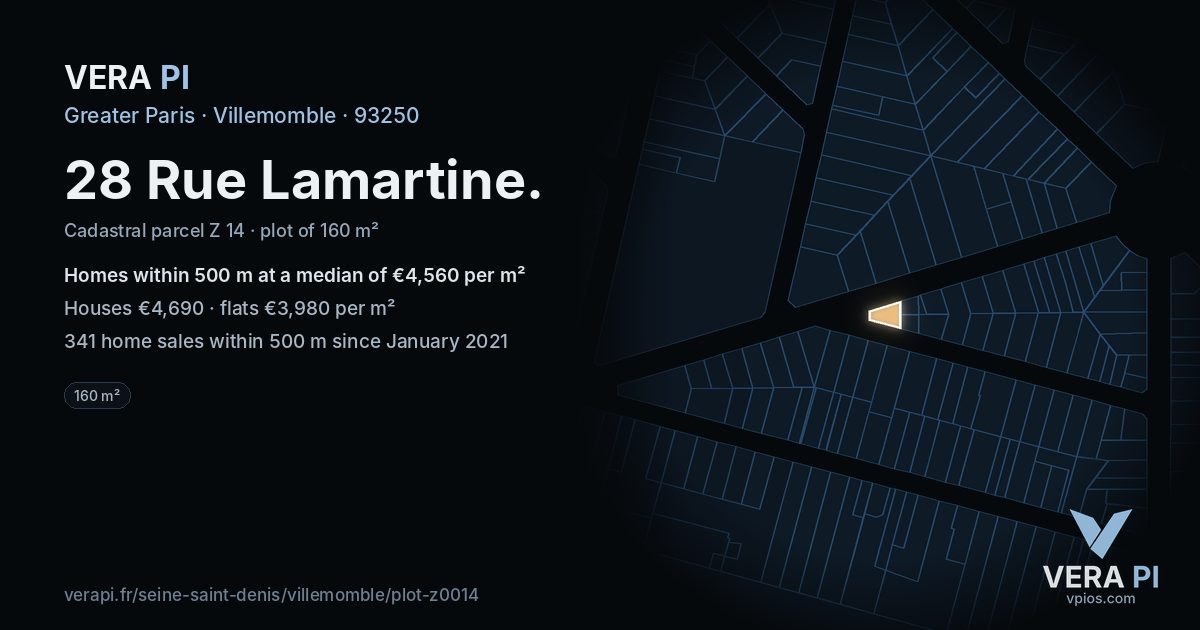 28 Rue Lamartine, Villemomble at night – the plot lit, the parcels around coloured by the prices near them