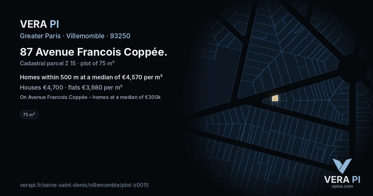 87 Avenue Francois Coppée, Villemomble at night – the plot lit, the parcels around coloured by the prices near them