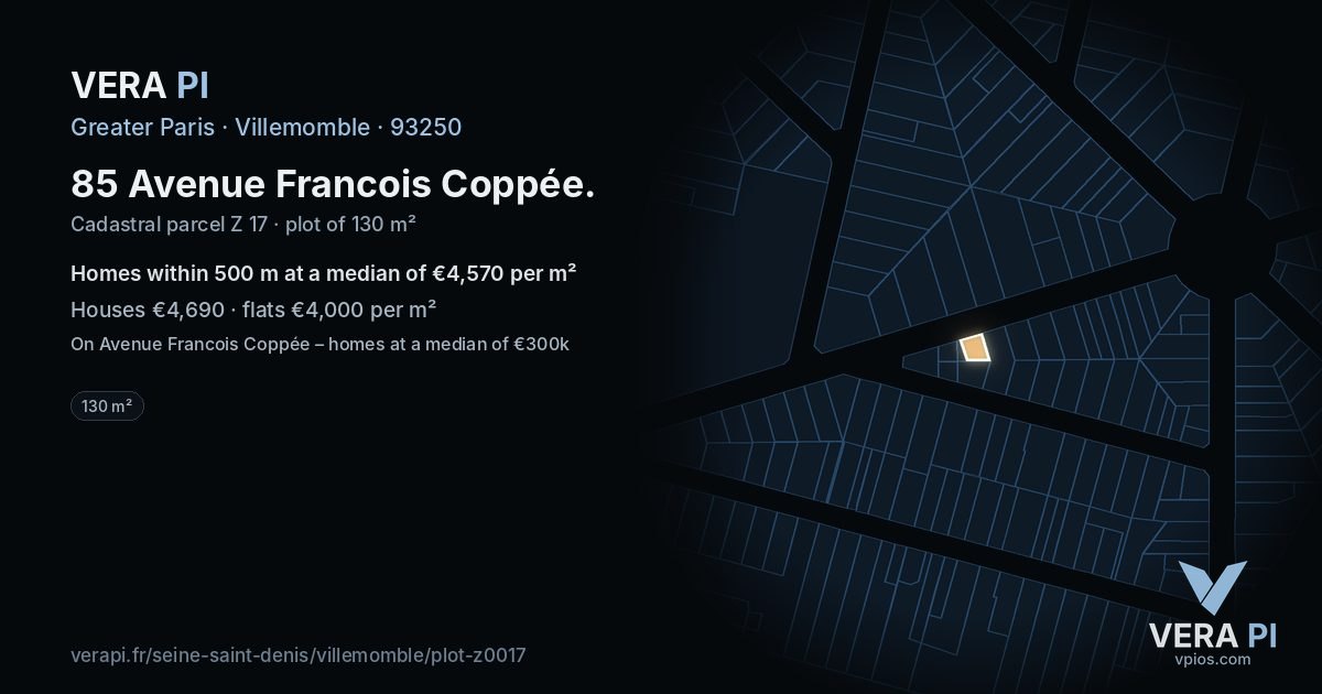 85 Avenue Francois Coppée, Villemomble at night – the plot lit, the parcels around coloured by the prices near them