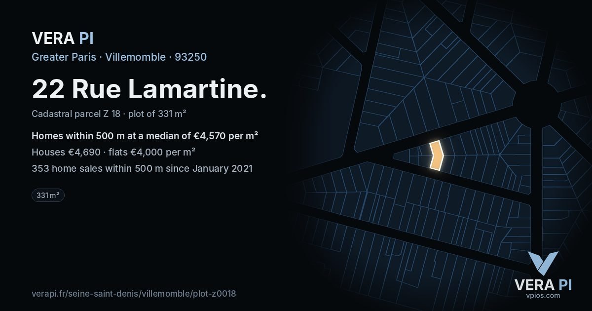 22 Rue Lamartine, Villemomble at night – the plot lit, the parcels around coloured by the prices near them