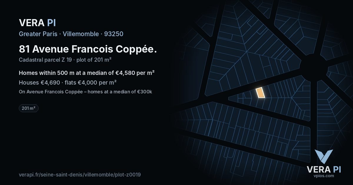 81 Avenue Francois Coppée, Villemomble at night – the plot lit, the parcels around coloured by the prices near them
