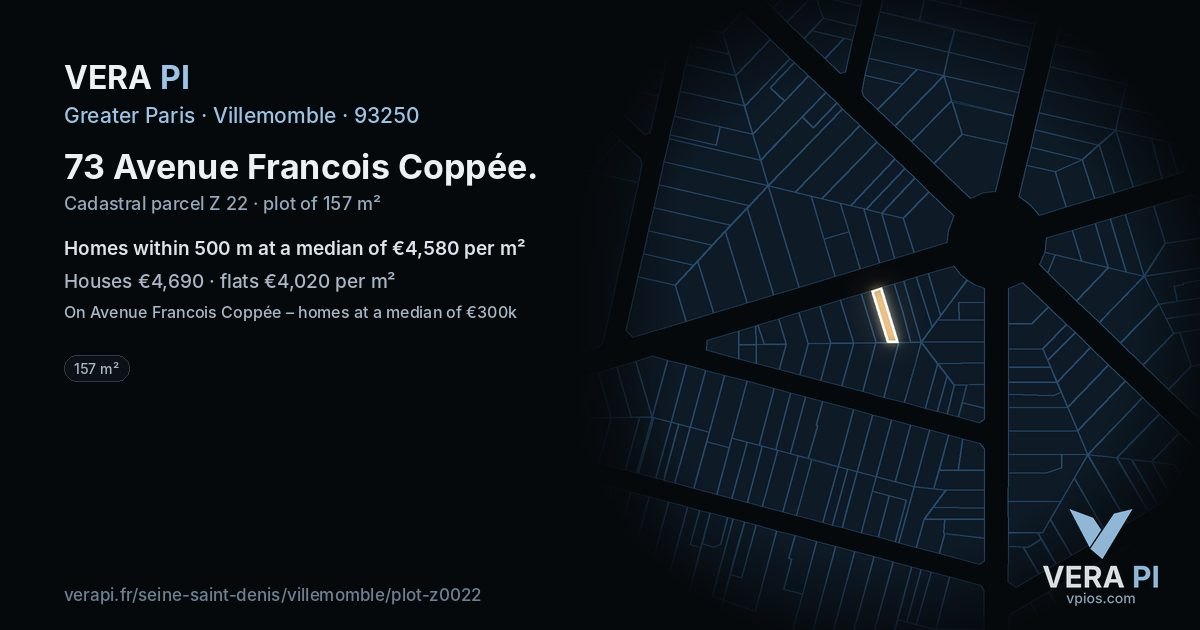 73 Avenue Francois Coppée, Villemomble at night – the plot lit, the parcels around coloured by the prices near them
