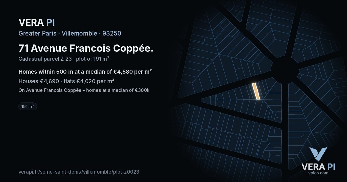 71 Avenue Francois Coppée, Villemomble at night – the plot lit, the parcels around coloured by the prices near them