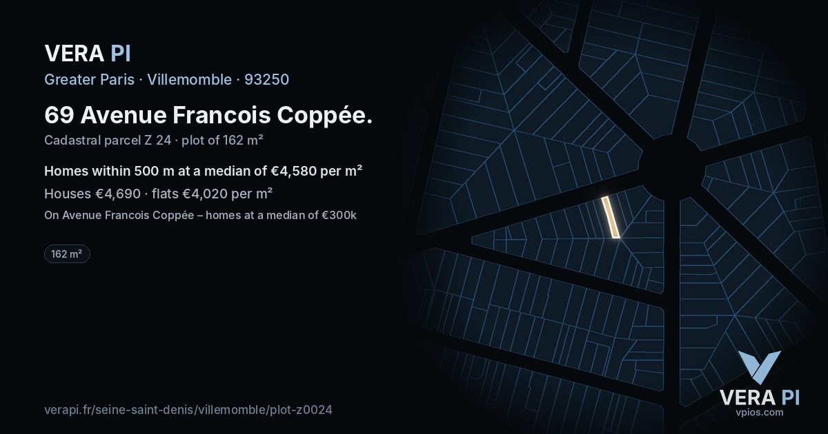 69 Avenue Francois Coppée, Villemomble at night – the plot lit, the parcels around coloured by the prices near them