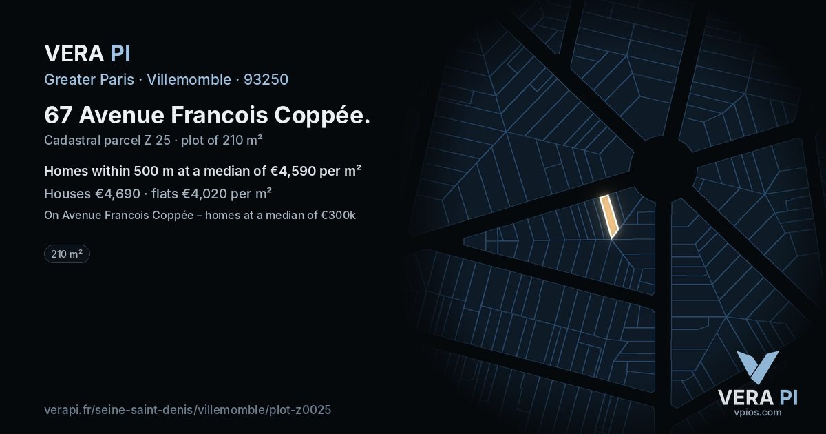 67 Avenue Francois Coppée, Villemomble at night – the plot lit, the parcels around coloured by the prices near them