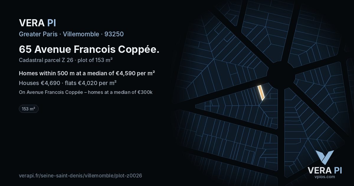 65 Avenue Francois Coppée, Villemomble at night – the plot lit, the parcels around coloured by the prices near them