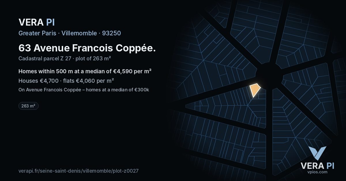 63 Avenue Francois Coppée, Villemomble at night – the plot lit, the parcels around coloured by the prices near them