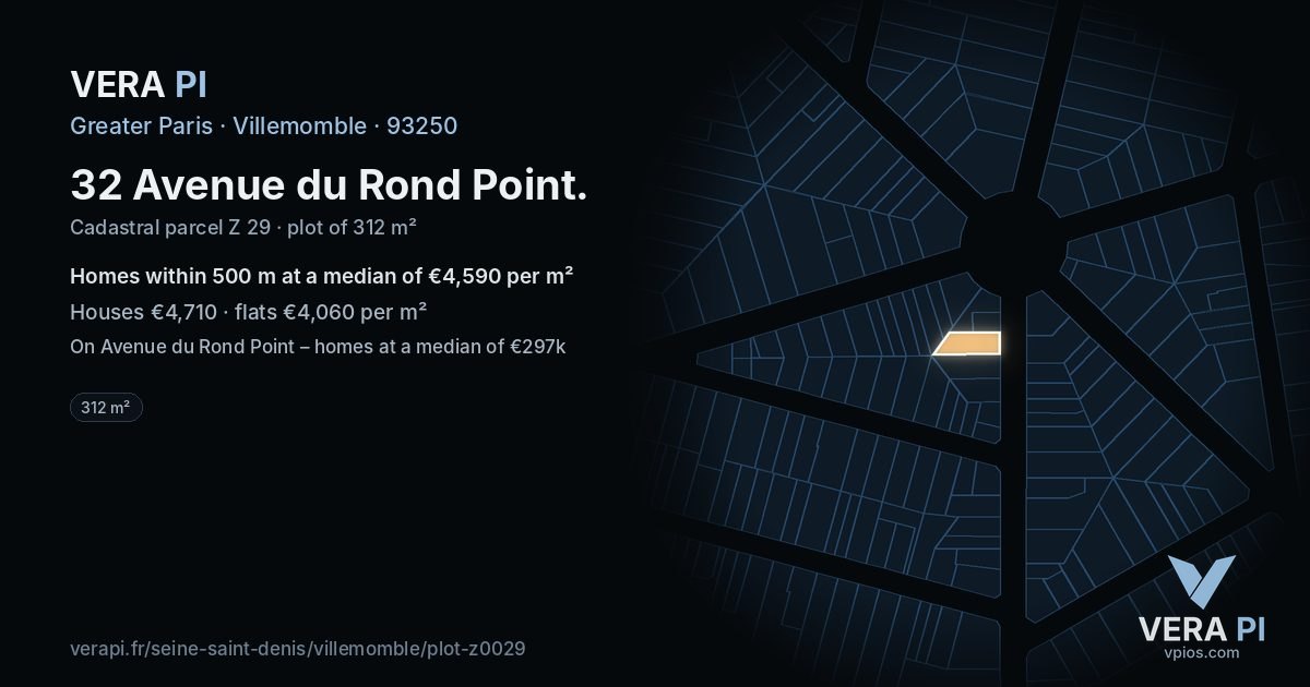 32 Avenue du Rond Point, Villemomble at night – the plot lit, the parcels around coloured by the prices near them