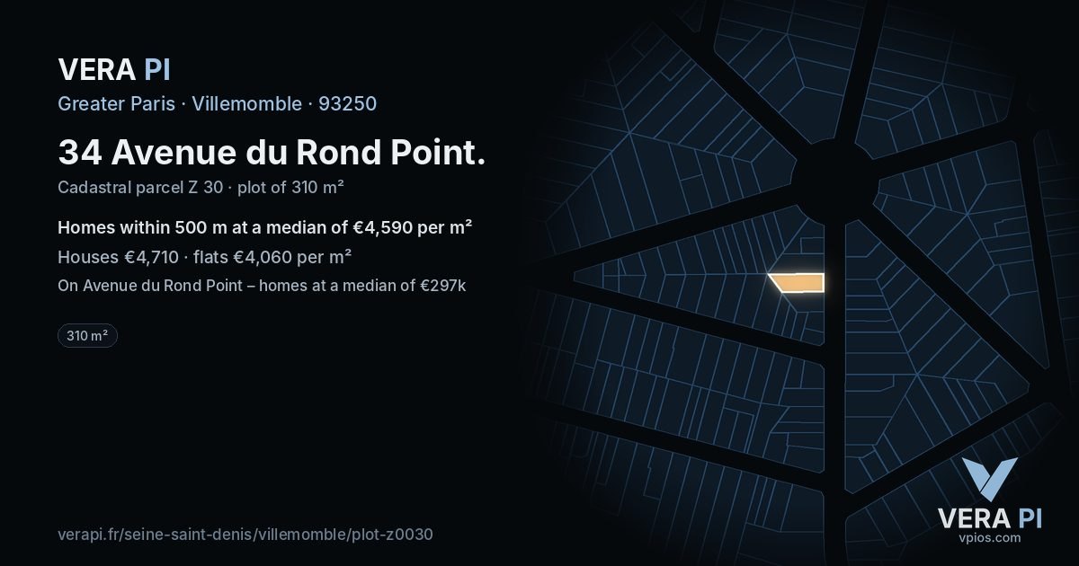 34 Avenue du Rond Point, Villemomble at night – the plot lit, the parcels around coloured by the prices near them