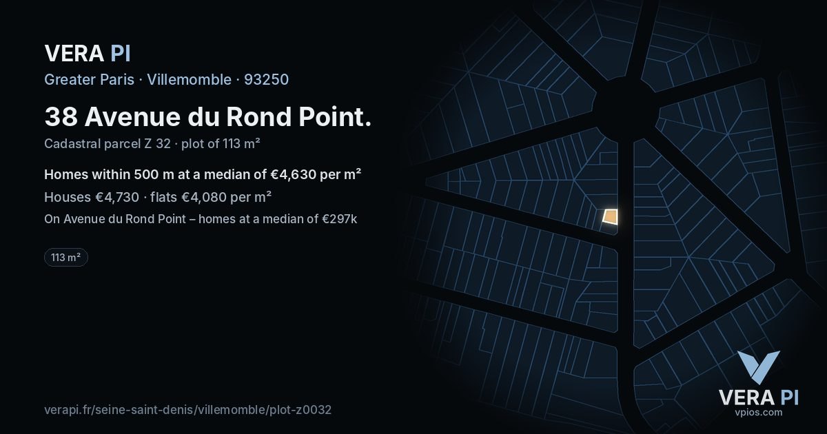 38 Avenue du Rond Point, Villemomble at night – the plot lit, the parcels around coloured by the prices near them