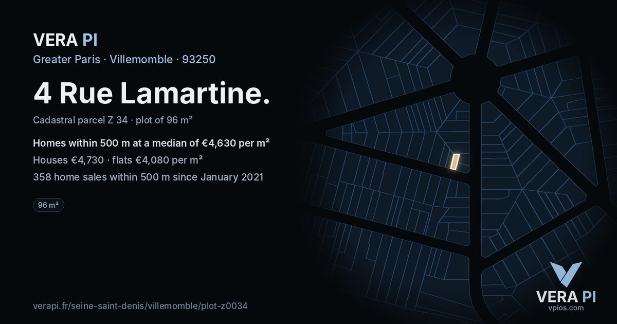 4 Rue Lamartine, Villemomble at night – the plot lit, the parcels around coloured by the prices near them