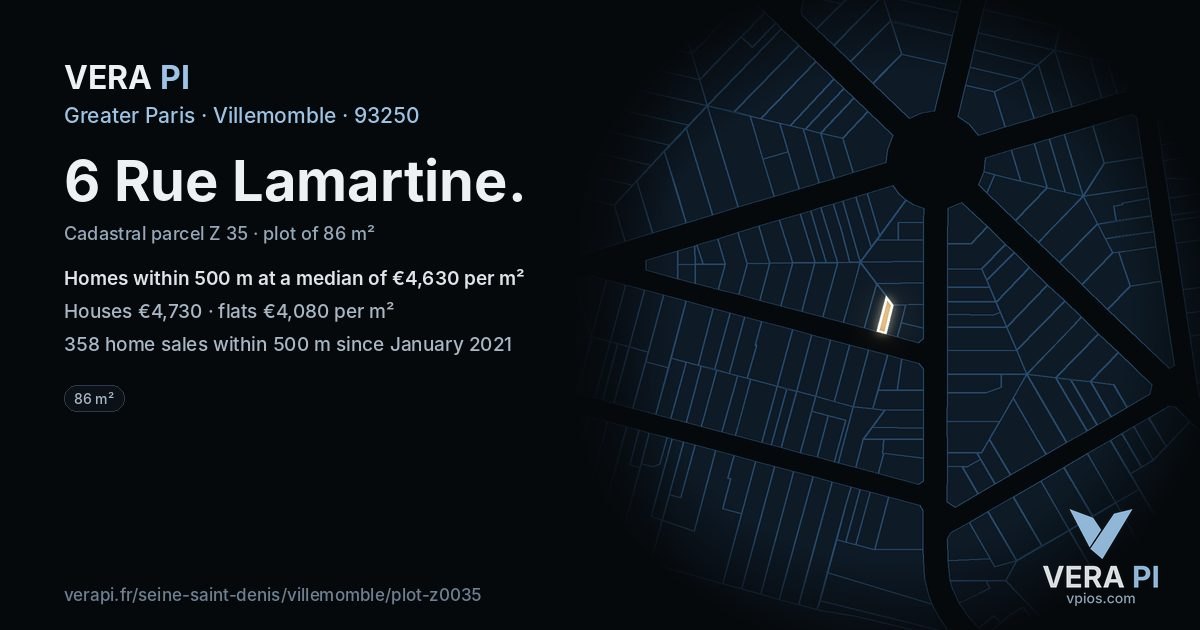 6 Rue Lamartine, Villemomble at night – the plot lit, the parcels around coloured by the prices near them