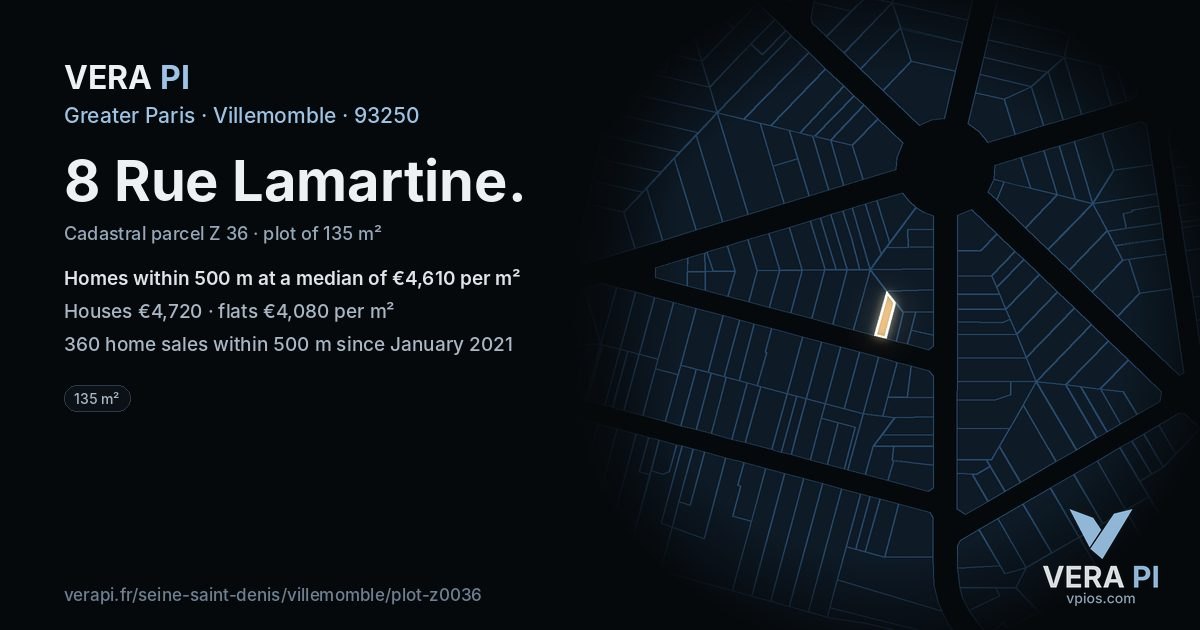 8 Rue Lamartine, Villemomble at night – the plot lit, the parcels around coloured by the prices near them