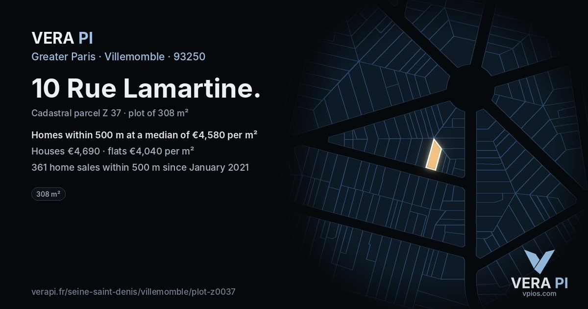 10 Rue Lamartine, Villemomble at night – the plot lit, the parcels around coloured by the prices near them
