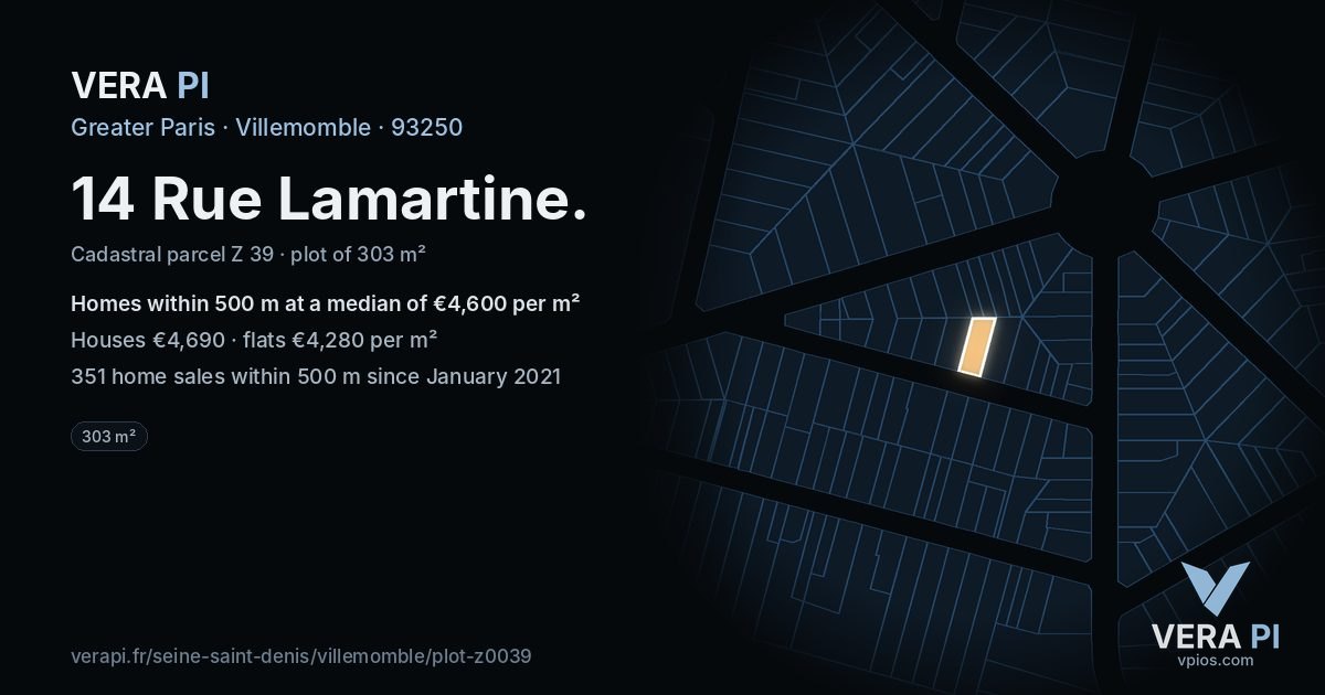 14 Rue Lamartine, Villemomble at night – the plot lit, the parcels around coloured by the prices near them