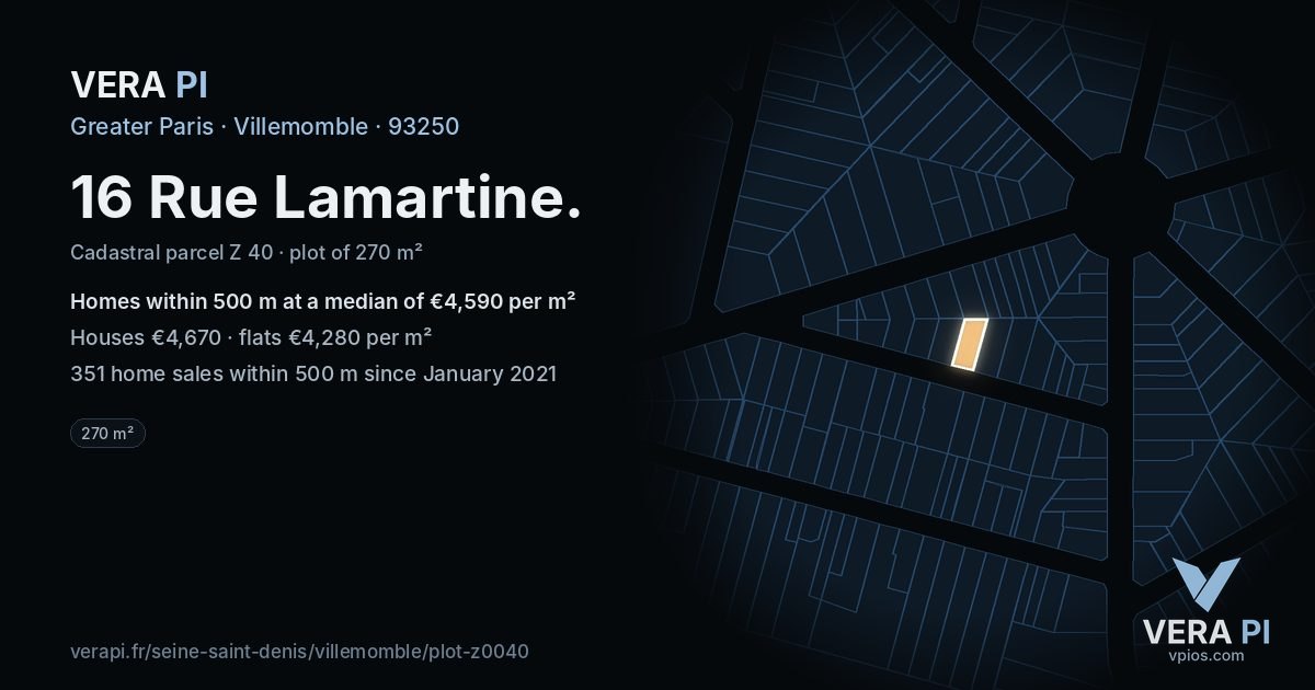 16 Rue Lamartine, Villemomble at night – the plot lit, the parcels around coloured by the prices near them