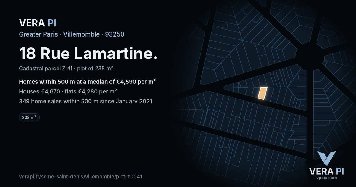 18 Rue Lamartine, Villemomble at night – the plot lit, the parcels around coloured by the prices near them