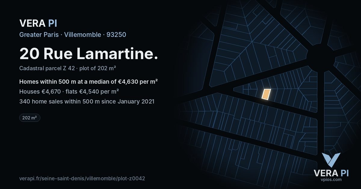 20 Rue Lamartine, Villemomble at night – the plot lit, the parcels around coloured by the prices near them