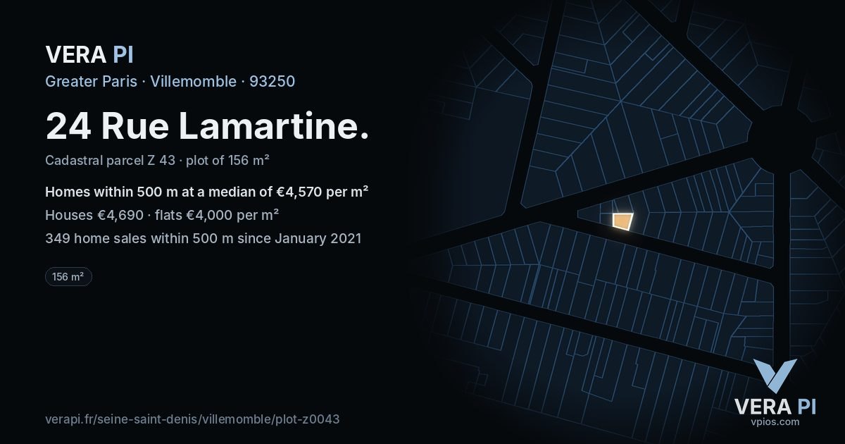 24 Rue Lamartine, Villemomble at night – the plot lit, the parcels around coloured by the prices near them