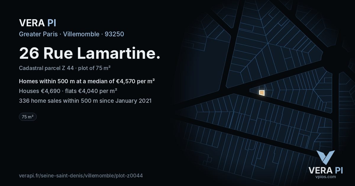26 Rue Lamartine, Villemomble at night – the plot lit, the parcels around coloured by the prices near them