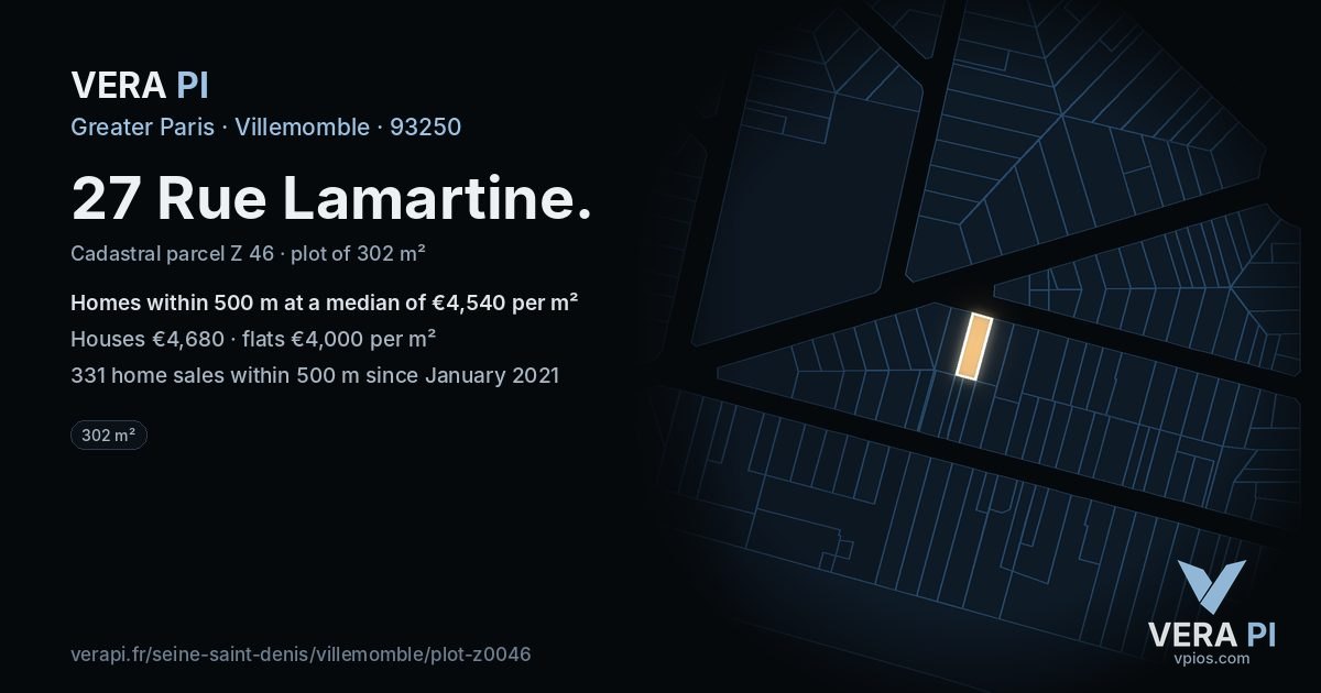 27 Rue Lamartine, Villemomble at night – the plot lit, the parcels around coloured by the prices near them