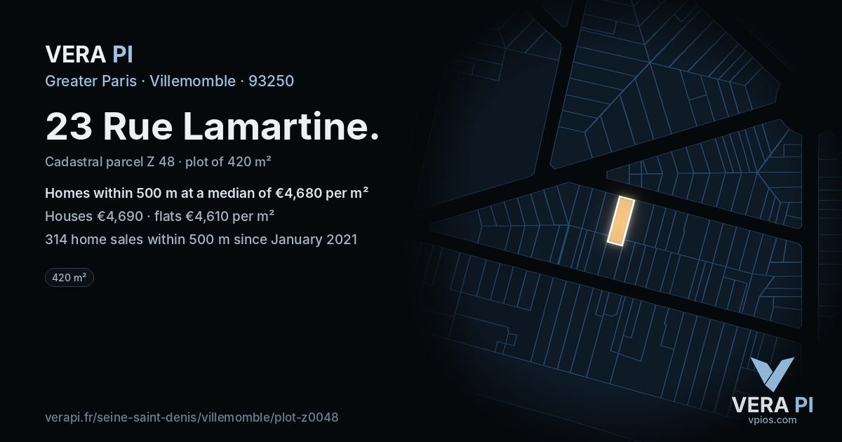 23 Rue Lamartine, Villemomble at night – the plot lit, the parcels around coloured by the prices near them