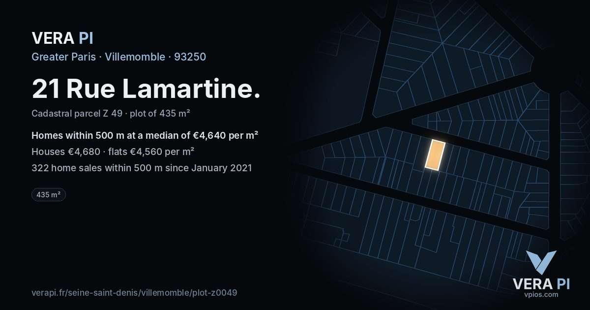 21 Rue Lamartine, Villemomble at night – the plot lit, the parcels around coloured by the prices near them