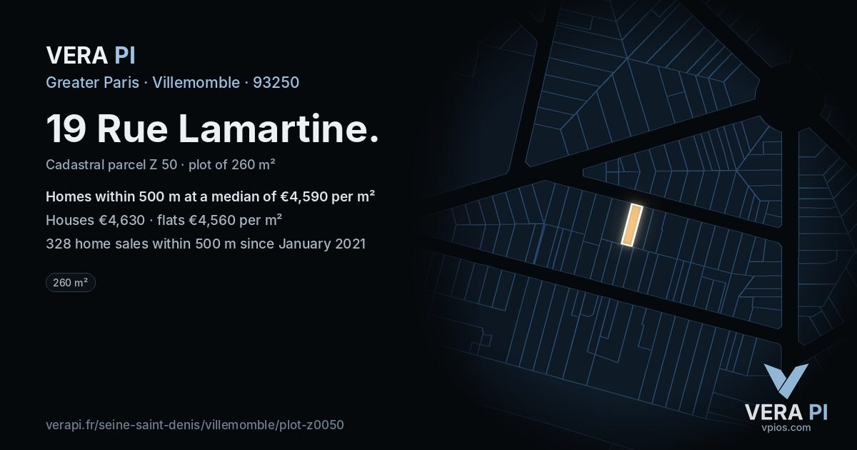 19 Rue Lamartine, Villemomble at night – the plot lit, the parcels around coloured by the prices near them