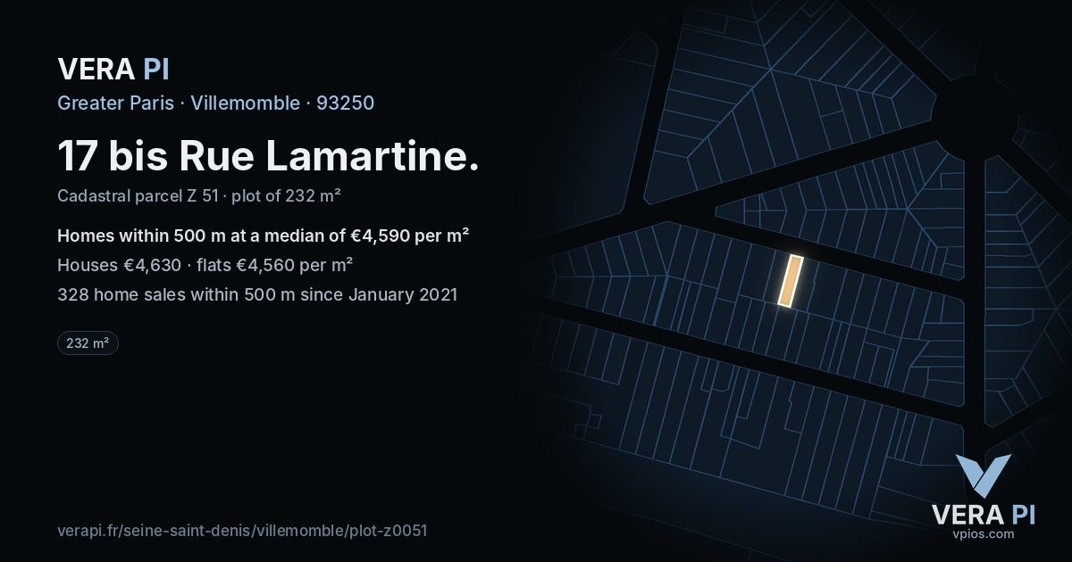 17 bis Rue Lamartine, Villemomble at night – the plot lit, the parcels around coloured by the prices near them