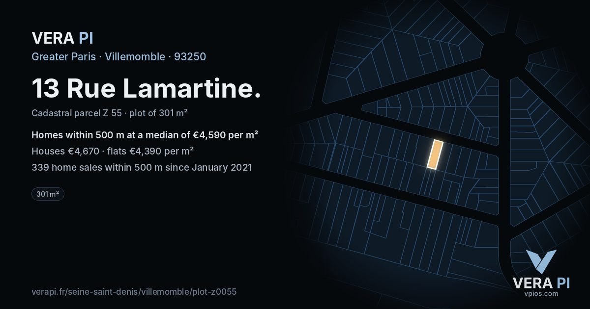 13 Rue Lamartine, Villemomble at night – the plot lit, the parcels around coloured by the prices near them