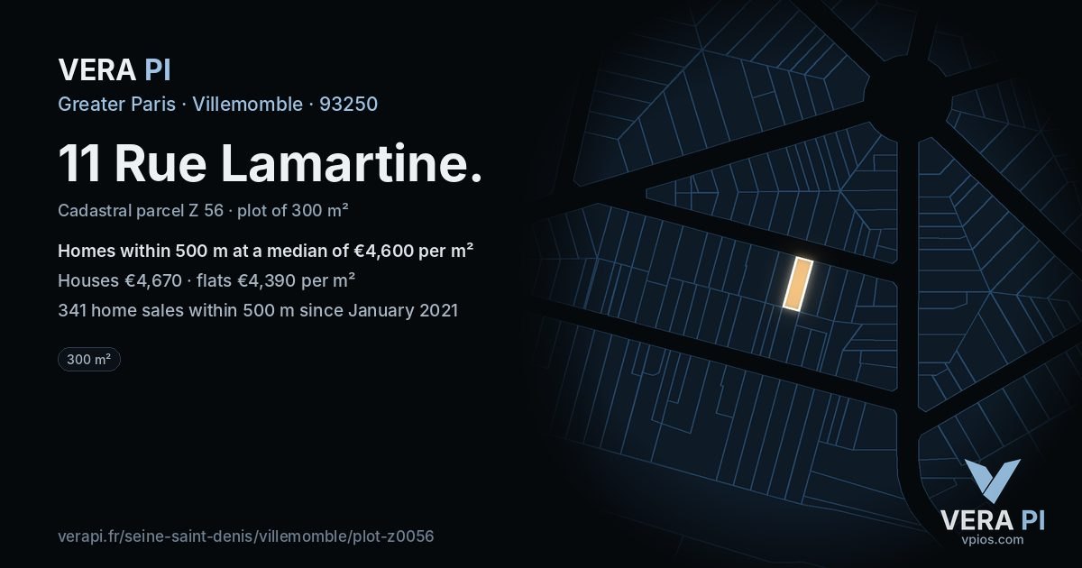 11 Rue Lamartine, Villemomble at night – the plot lit, the parcels around coloured by the prices near them