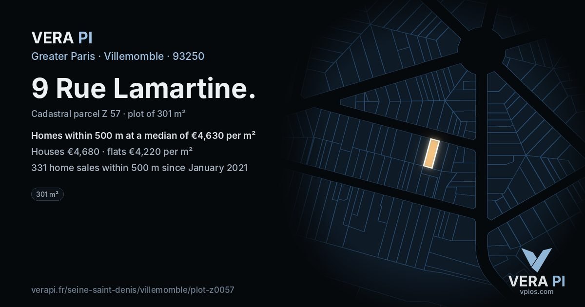 9 Rue Lamartine, Villemomble at night – the plot lit, the parcels around coloured by the prices near them