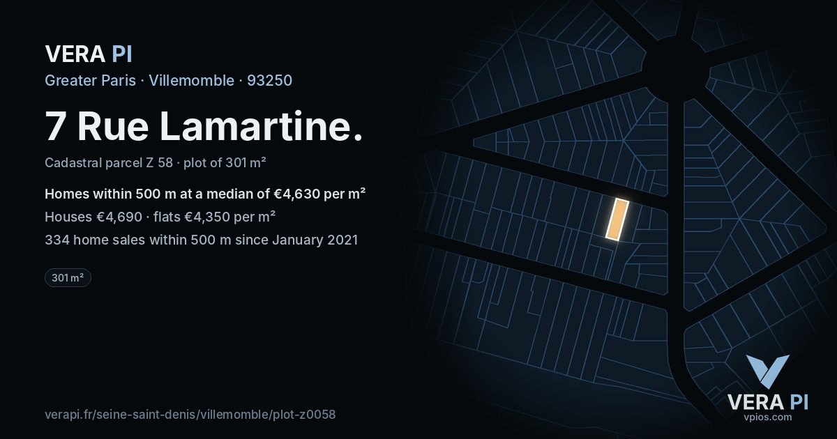 7 Rue Lamartine, Villemomble at night – the plot lit, the parcels around coloured by the prices near them