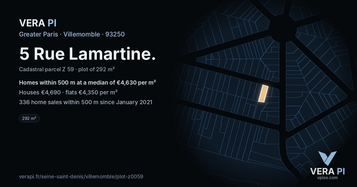 5 Rue Lamartine, Villemomble at night – the plot lit, the parcels around coloured by the prices near them