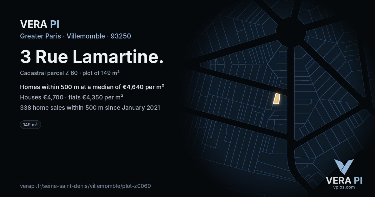 3 Rue Lamartine, Villemomble at night – the plot lit, the parcels around coloured by the prices near them