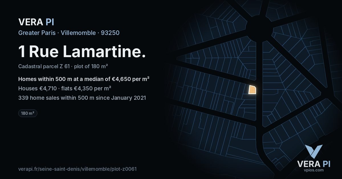 1 Rue Lamartine, Villemomble at night – the plot lit, the parcels around coloured by the prices near them
