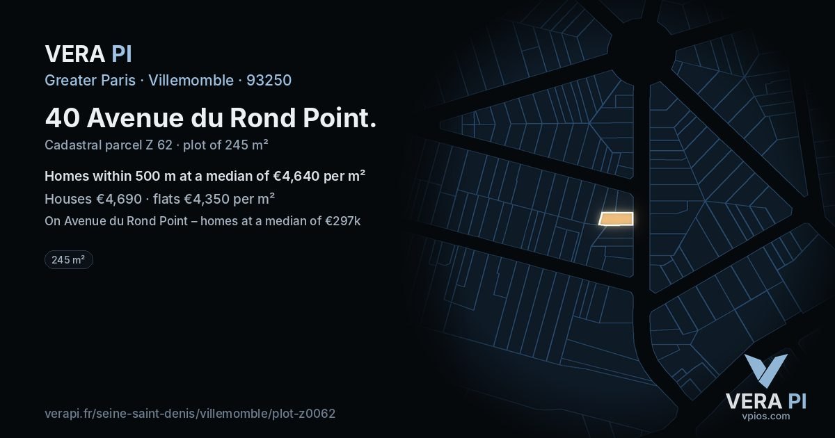 40 Avenue du Rond Point, Villemomble at night – the plot lit, the parcels around coloured by the prices near them