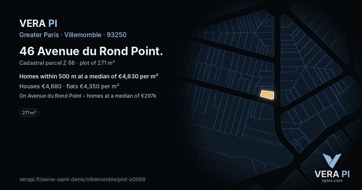 46 Avenue du Rond Point, Villemomble at night – the plot lit, the parcels around coloured by the prices near them