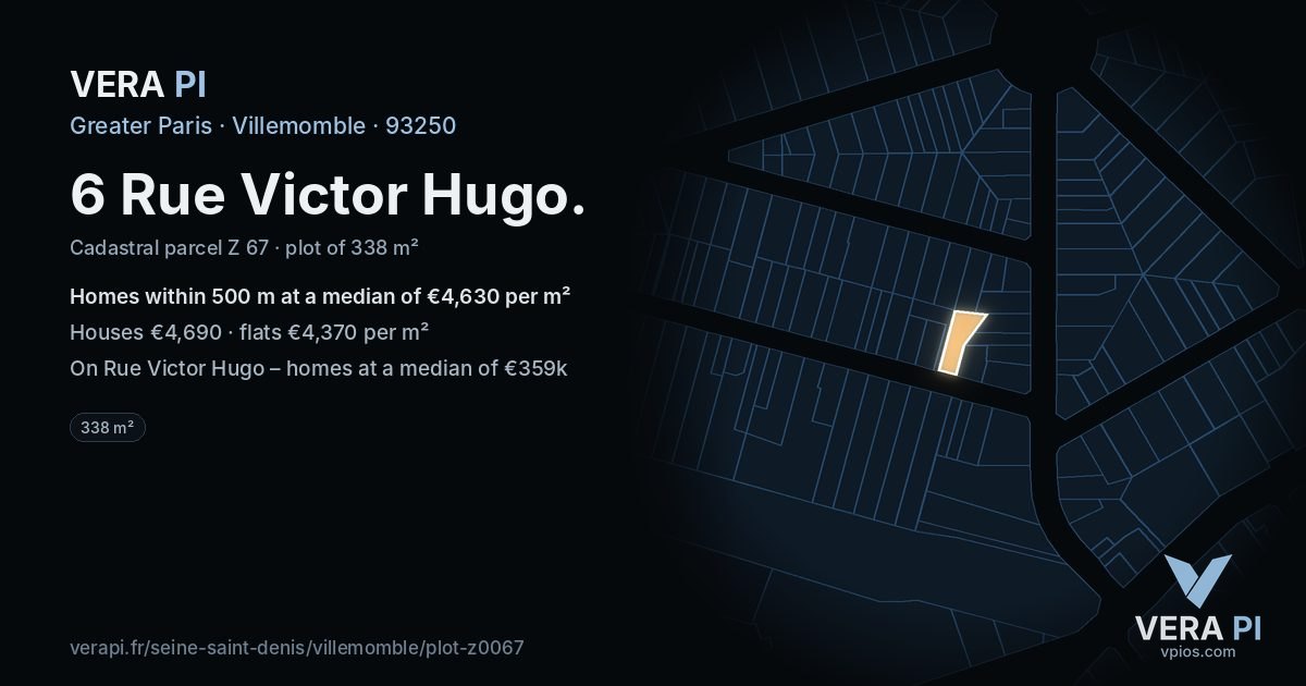 6 Rue Victor Hugo, Villemomble at night – the plot lit, the parcels around coloured by the prices near them