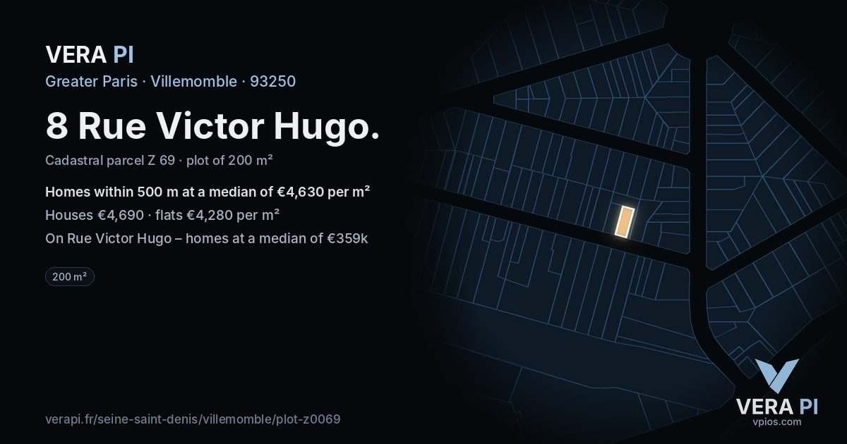 8 Rue Victor Hugo, Villemomble at night – the plot lit, the parcels around coloured by the prices near them